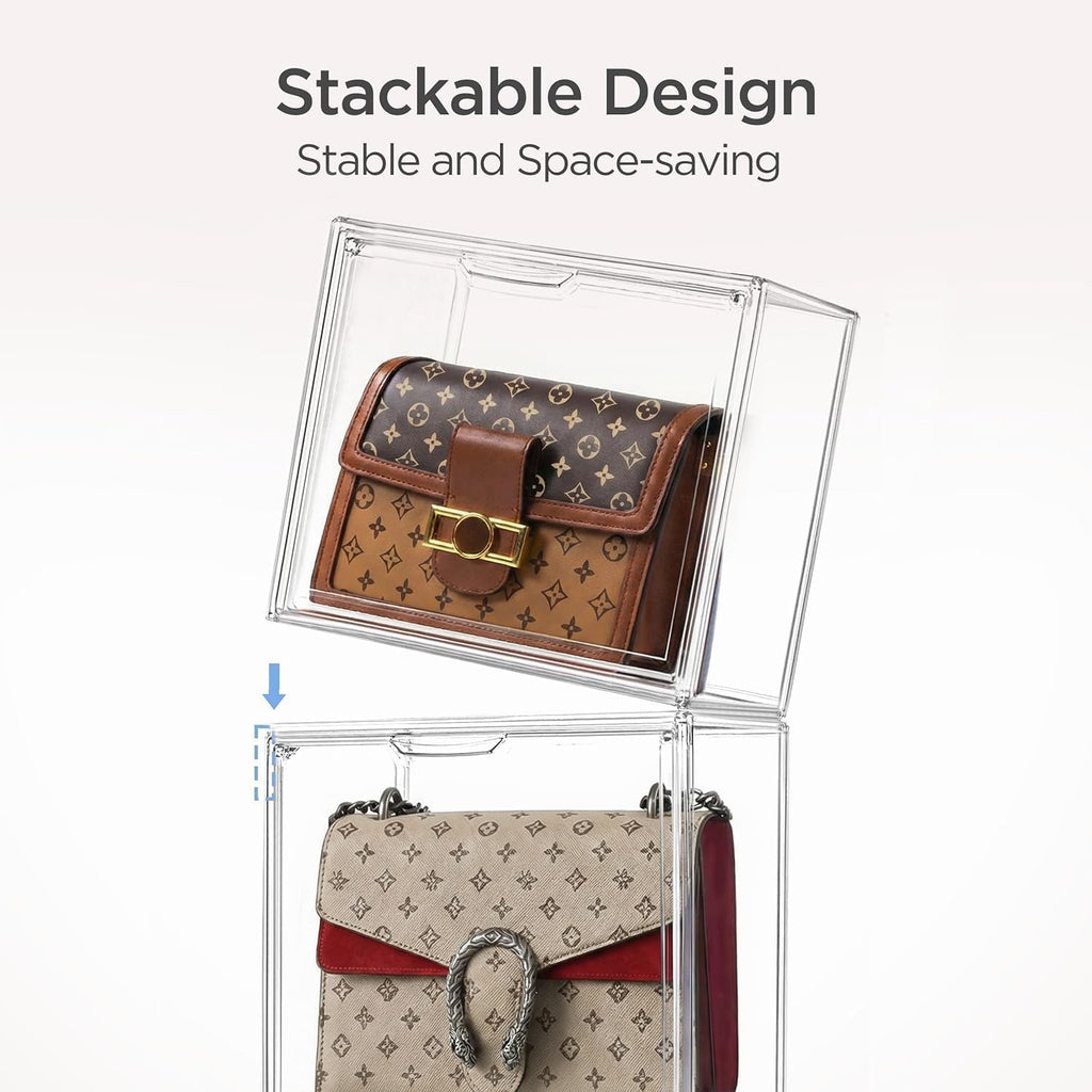 HBlife 10 Pack Purse Storage Organizer for Closet, Large Clear Stackable Handbag Display Case Box with Magnetic Door for Collectibles, Cosmetics, Women Heels and Toys