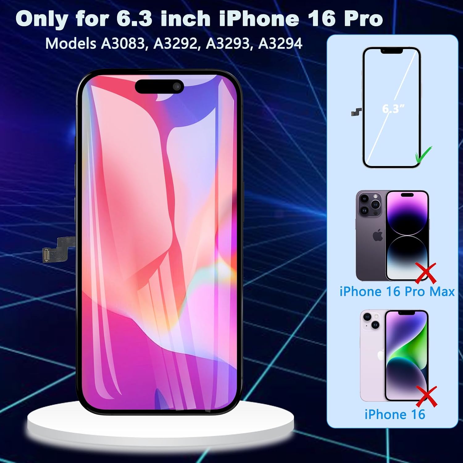 for iPhone 16 Pro Screen Replacement, 6.3 inch LCD Display 3D Touch Full HD Digitizer Frame Assembly, Compatible with A3083, A3292, A3293, A3294 Models, Repair Kit + Screen Tempered Protector
