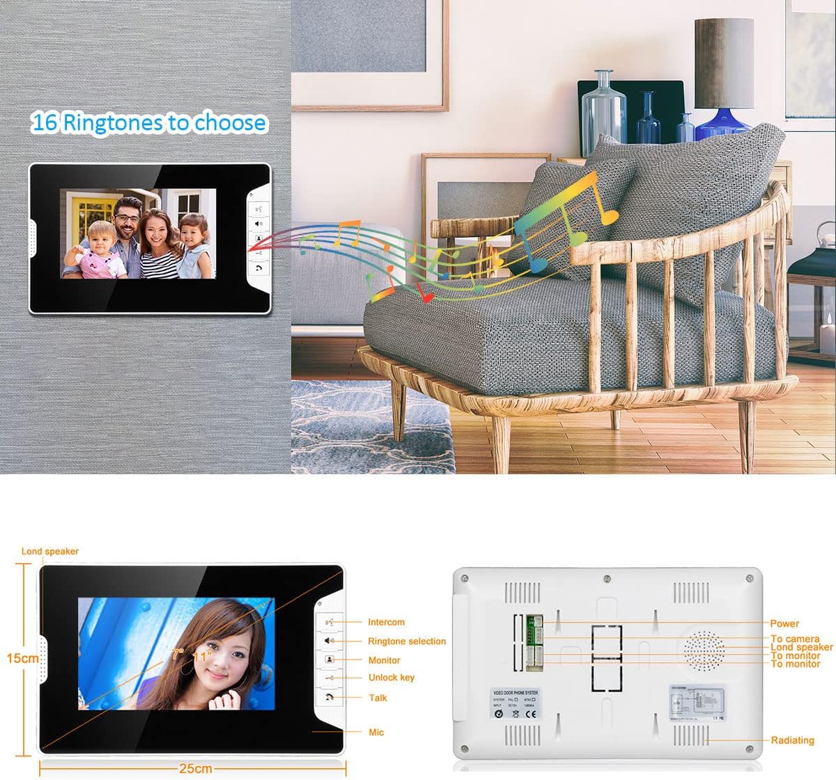Wired Video Intercom Doorbell System 7 Inches LCD Monitor Video Door Phone Kits Support Monitoring, Unlock, Dual-Way Door Intercom Indoor Outdoor for Villa Home (1 Camera 2 Monitor)