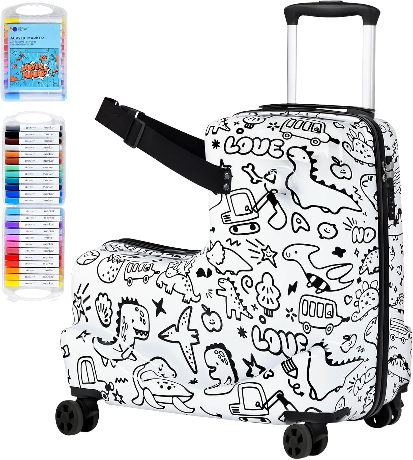 smilesun 22' Kids Ride-On Suitcase with Safety Strap, Multifunctional Kids' Luggage with Double Spinner Wheels, Durable and Lightweight for Boys and Girls Ages 2-10 (White, 20-inch)