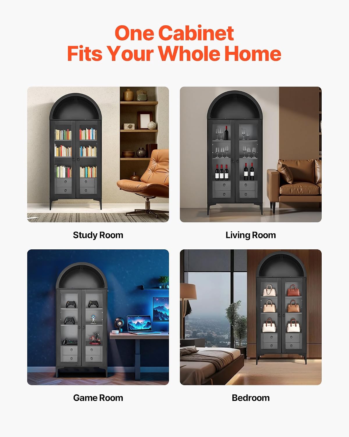 VEVOR Arched Kitchen Pantry Cabinet with Glass Doors, 70in Tall Curio Cabinet, 4-Tier Display Case with 2 Adjustable Shelves, Bookcase Bookshelf for Collectibles Storage Bedroom Living Room Office