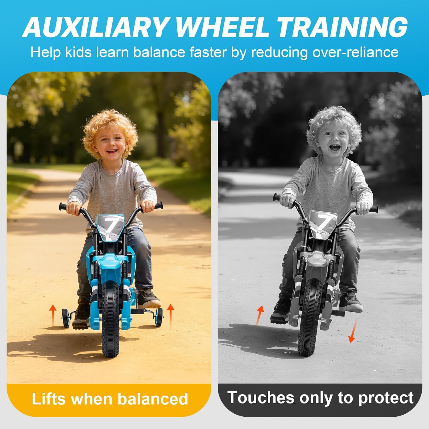12V Kids Motorcycle w/Treaded Tires, 3.1mph Top Speed Electric Bike for Kids, Training Wheels, Music & Bluetooth, Spring Suspension, Age 3-8 Year Old, Bule
