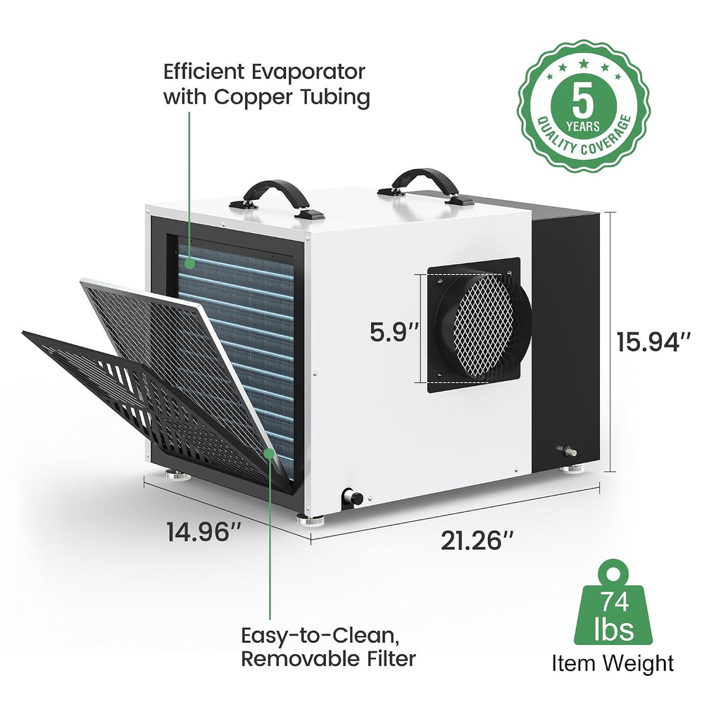 Waykar 158 Pint Crawl Space Dehumidifier with Pump & Drain Hose for Basements, Commercial & Water Damage Spaces up to 7500 Sq. Ft., Compact, Strong Dehumidification, 5-Year Quality Coverage