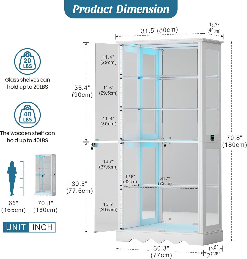 Dystler Display Cabinet with Glass Doors, 71'' Tall Curio Cabinet with RGB Lights for Collectibles, LED Display Case with Removable Shelf for Book/Medal/Figure, White