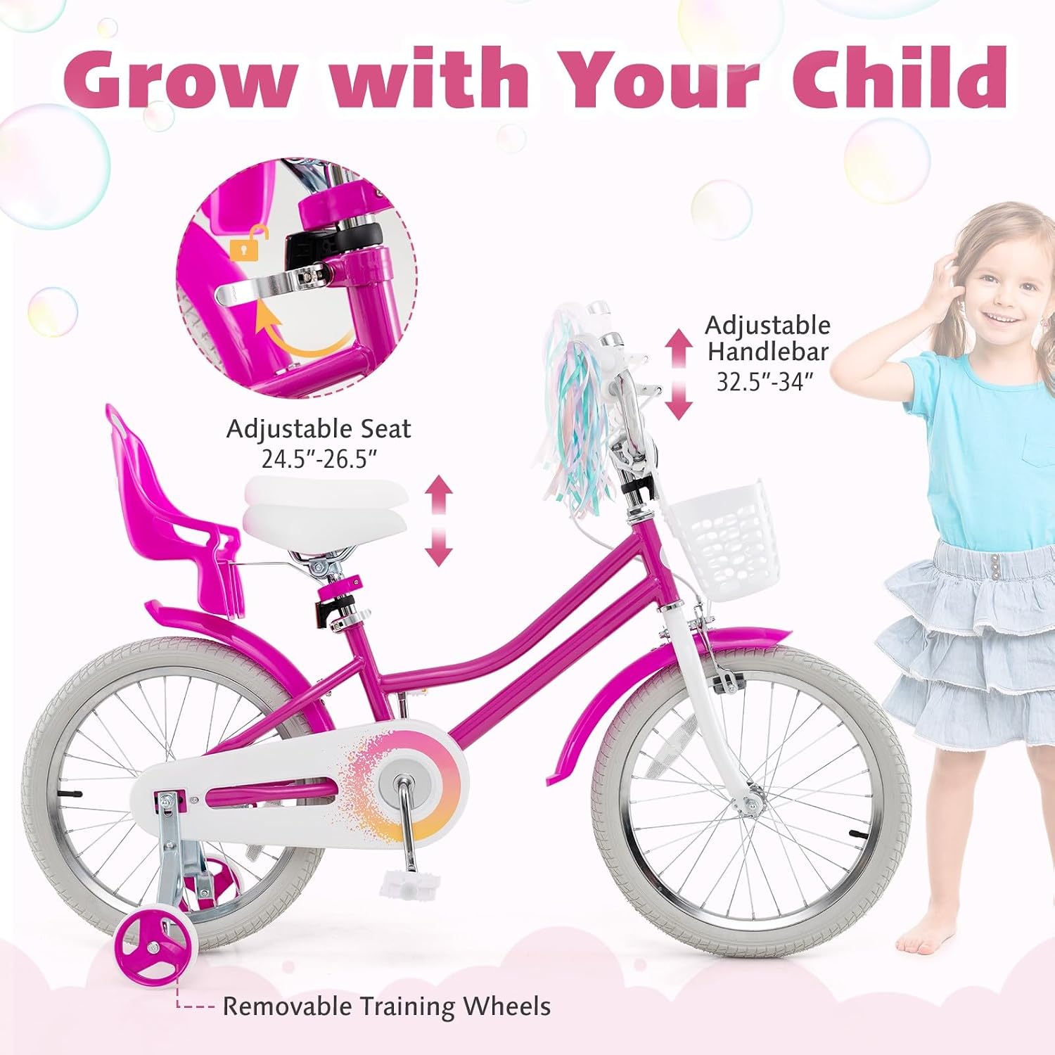 HONEY JOY Kids Bike, 12 14 16 18 Inch Girls Bike w/Training Wheels, Doll Seat, Streamers, Handbrake & Coaster Brake, Fully Enclosed Chain, Princess Style Children Bicycle, Gift for Girls 3-8