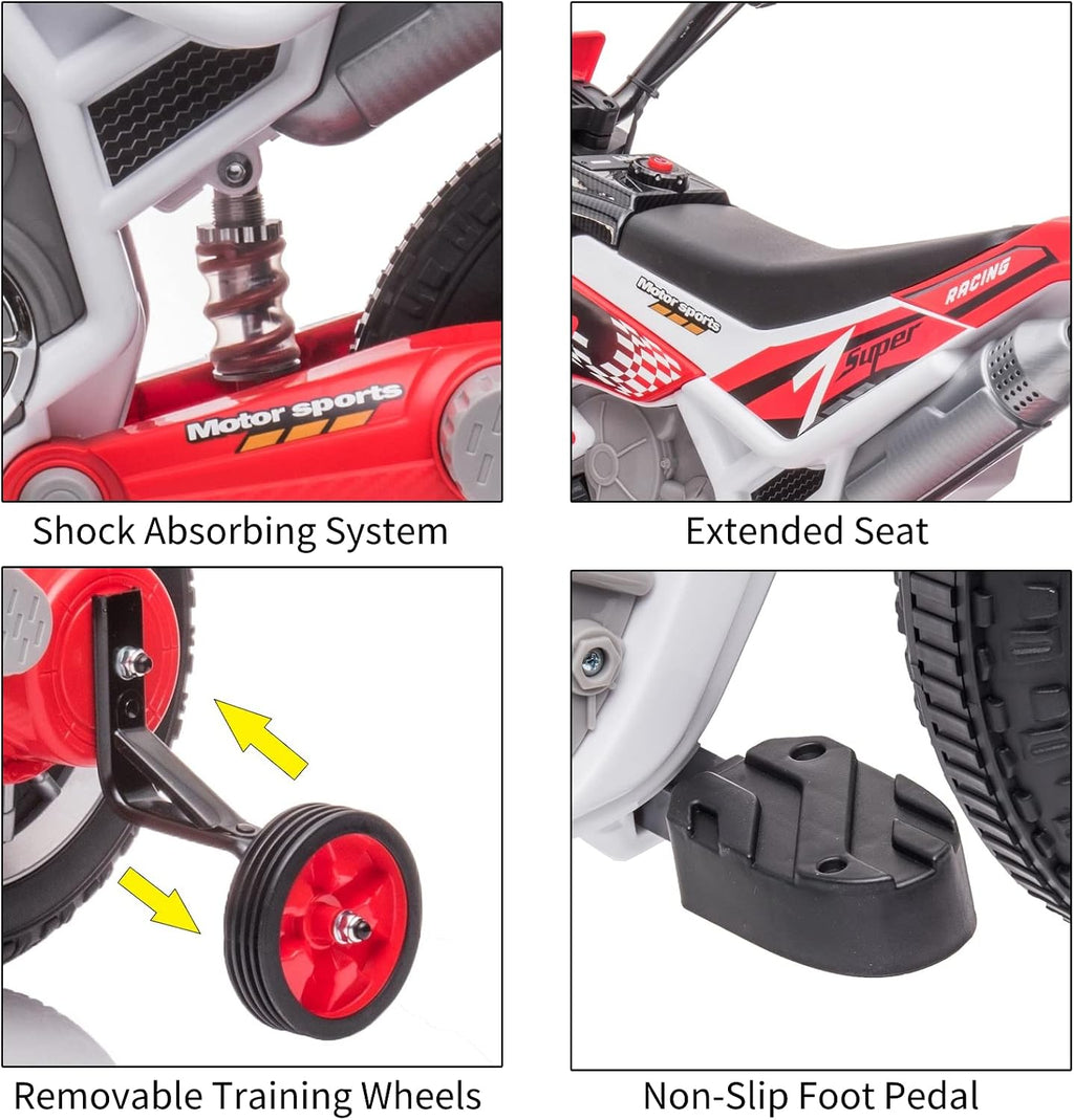 12V Electric Ride On Motorcycle for Kids Battery Powered Electric Dirt Bike Birthday Presents for Kids with Training Wheels 2 Speeds Music Player Shock Absorber, Red