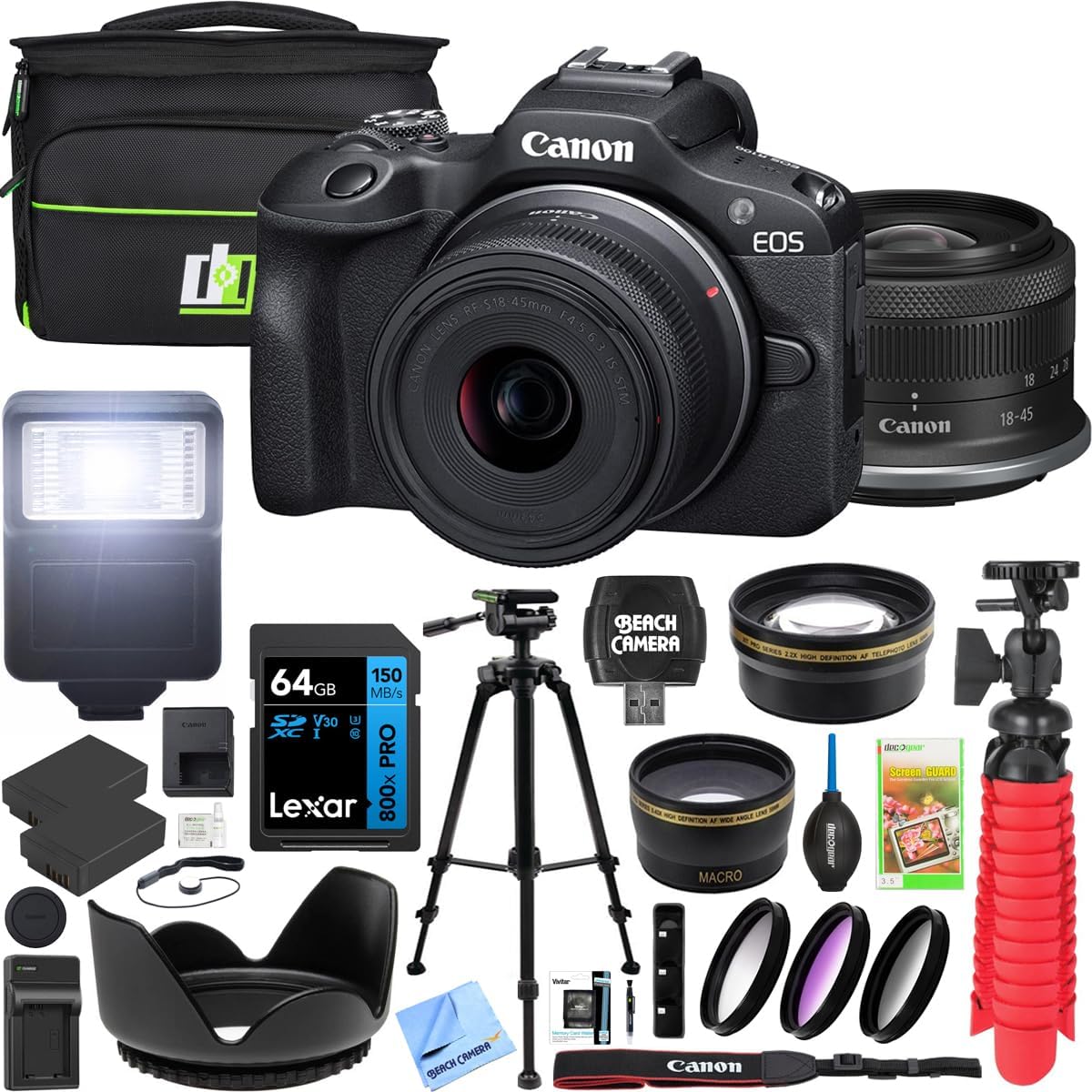 Canon EOS R100 Mirrorless Camera Body with RF-S 18-45mm F4.5-6.3 is STM Lens 6052C012 Bundle with Deco Gear Photography Bag + 2 Battery +Tripod + Filters + Wide Angle & Telephoto Lenses & More