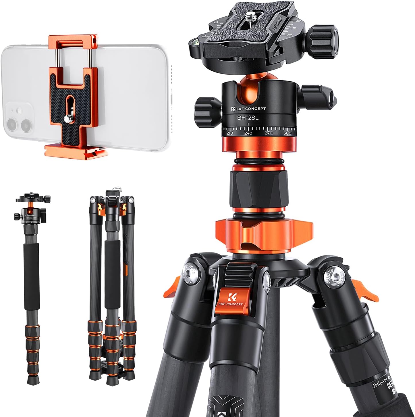 K&F Concept 68' Carbon Fiber Camera Tripod,Compact Tripods with Metal Ball Head,Quick Release Plate,Detachable Monopod 10KG Load for DSLR Cellphone Tripods(SA255C1) D255C4+BH-28L