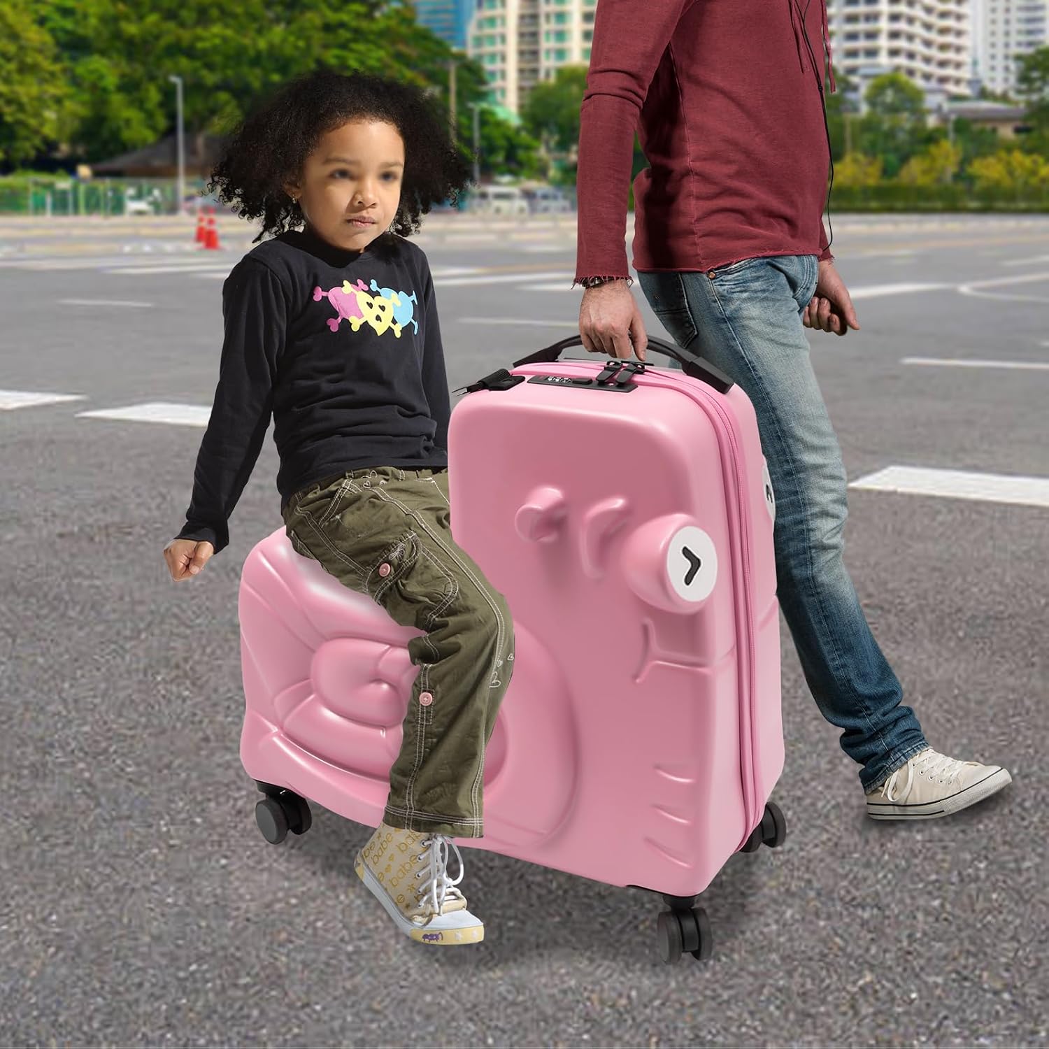 Kids Ride-On Luggage 20' with Spinner Wheels, Children's Travel Suitcase with Seat & Password Lock, Pink Cartoon Carry-On Trolley for Ages 1-6