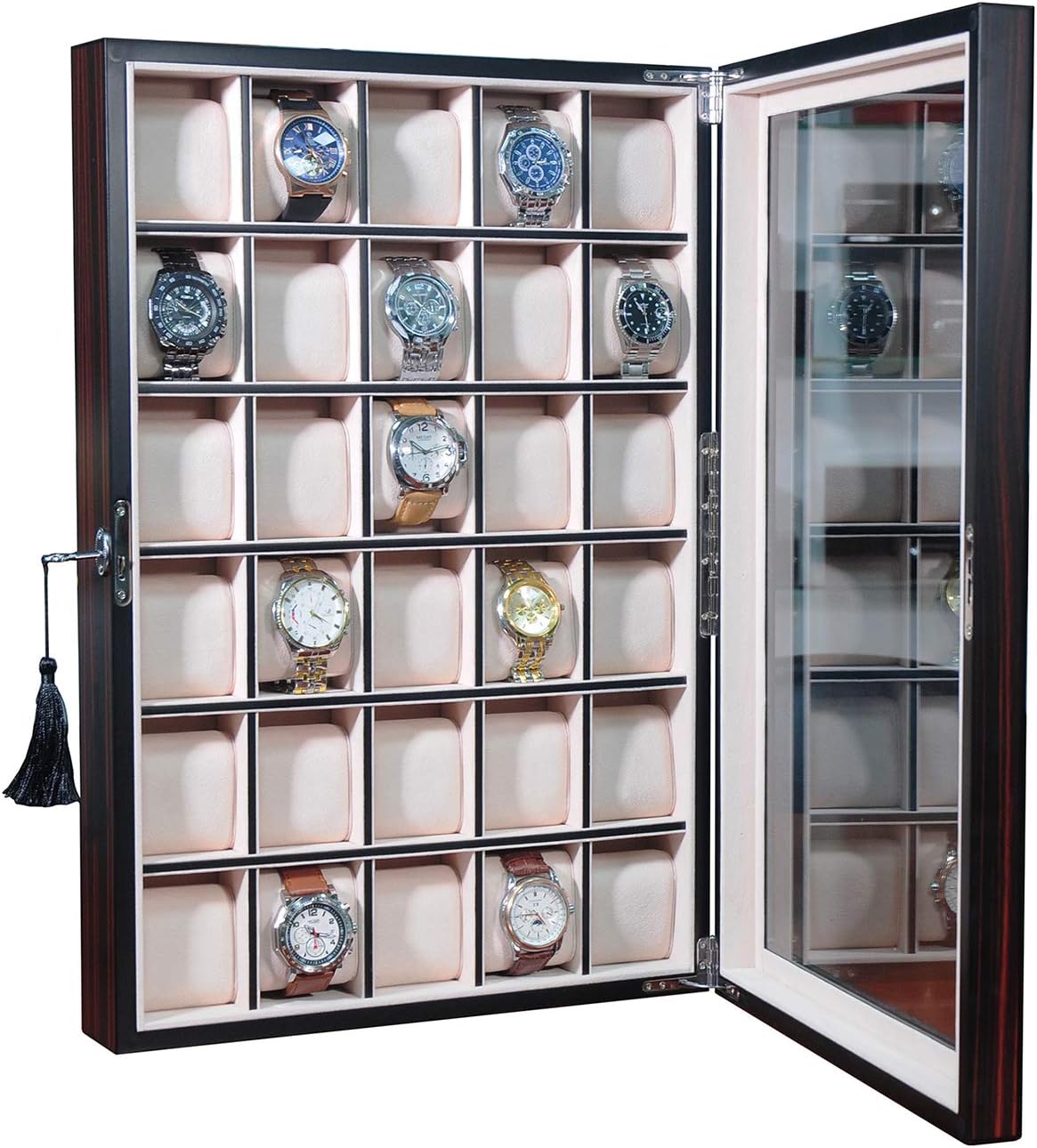 TIMELYBUYS 30 Piece Ebony Wood Watch Display Wall Hanging Case and Storage Organizer Box and Stand Father's Day Gift