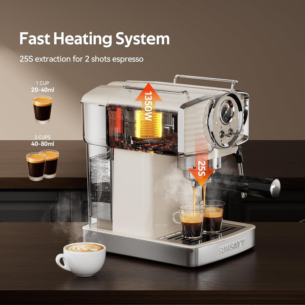 SUMSATY Espresso Machine 20 Bar, Professional Espresso Maker with Milk Frother Steamer Wand, Retro Coffee Maker Cappuccino & Latte Machine for Home, 1.8L Removable Water Tank, Off-white