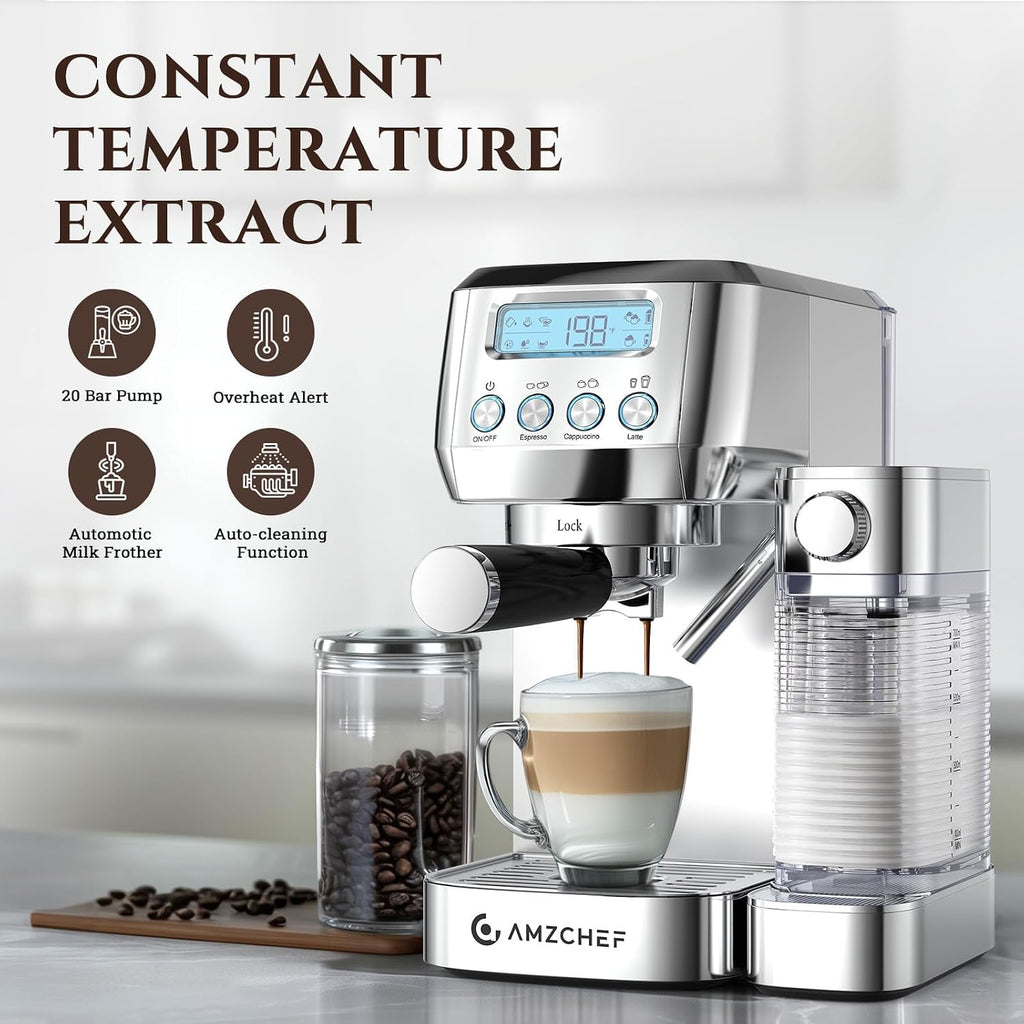 AMZCHEF Espresso Machine with LCD Display, 20 Bar Cappuccino Machines with Automatic Milk Frother for Home Gifts, Latte Coffee Maker with Dual Wall & Filters, Stainless Steel Style sliver