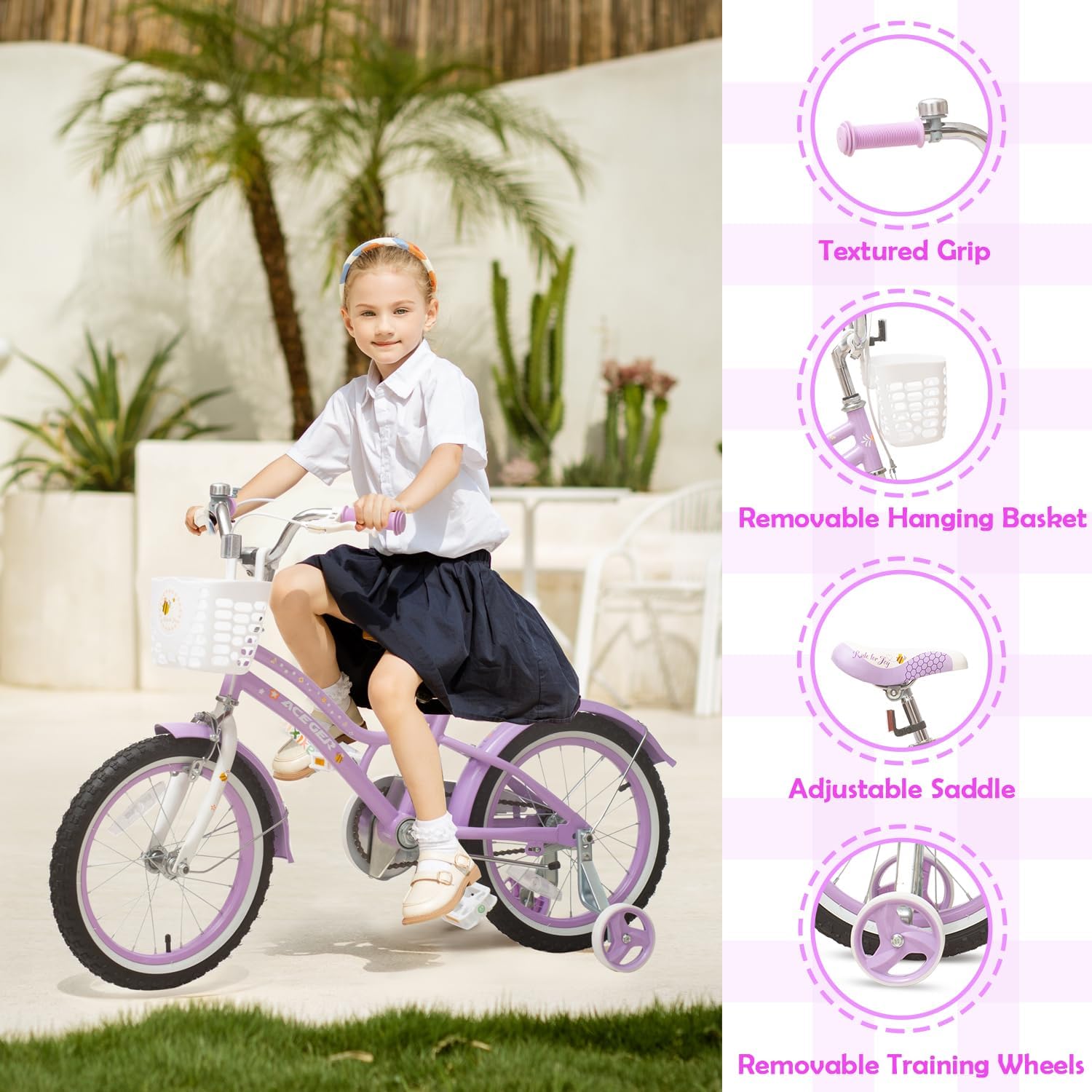 ACEGER Kids Bike for 2-14 Years Old, 12 14 16 18 Inch Girls Bike with Removable Training Wheels, 20 Inch Kid's Bicycle with Kickstand only, Adjustable Seat, Steel Frame & Dual Brakes