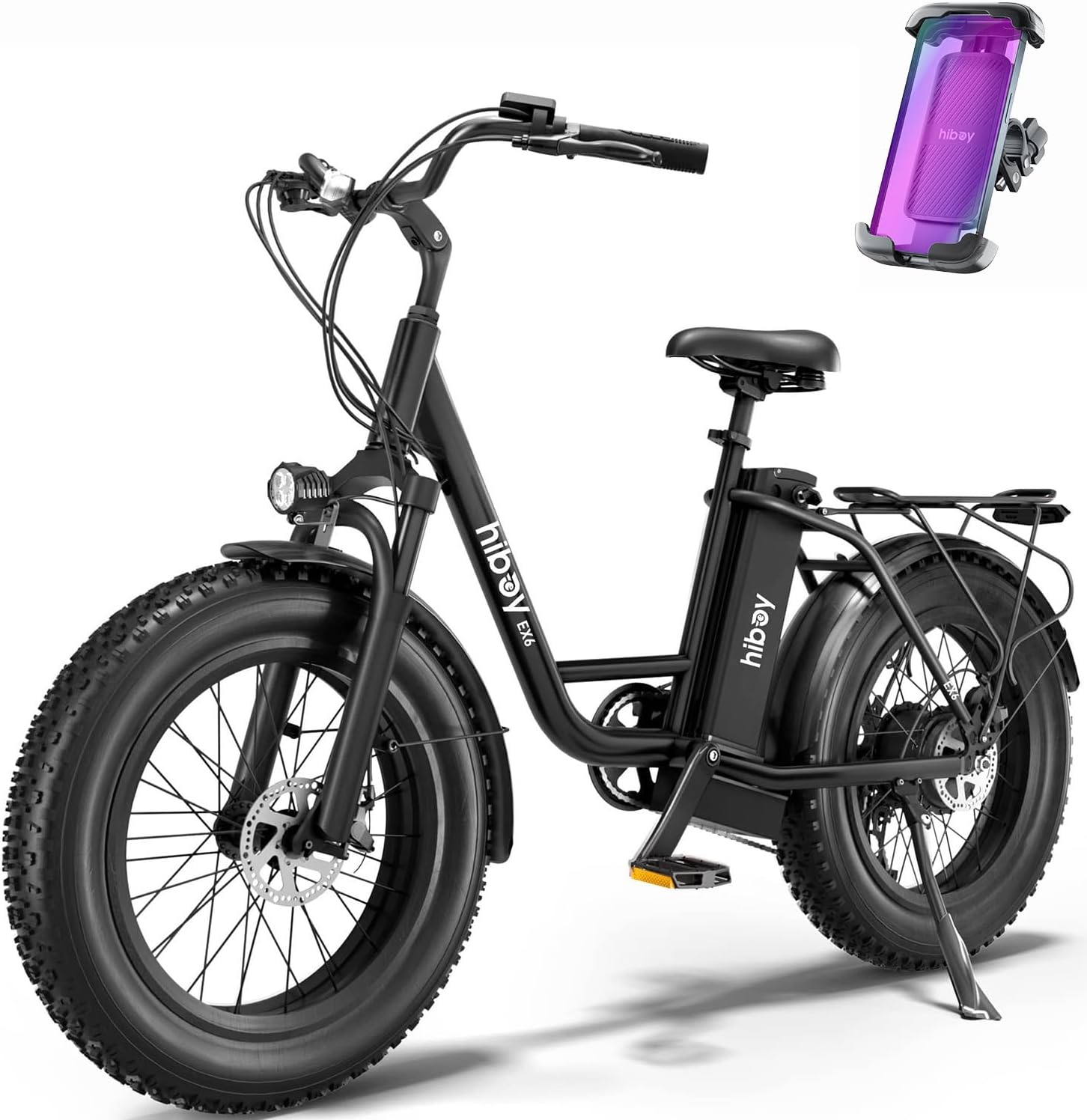 Hiboy EX6 20' Fat Tire Electric Bike for Adults, 500W Motor 25MPH, 41 Mi Pure Electric, 48V 14.5Ah Removable Battery, Shimano 7-Speed All-Terrain Snow Beach Mountain Ebike with Front Suspension