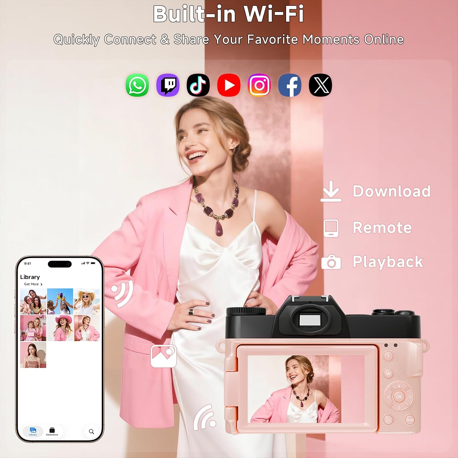 6K Digital Camera for Photography Autofocus, 64MP WiFi Vlogging Camera for YouTube with 3' 180° Flip Screen 16X Zoom, 64GB SD Card & 2 Batteries Pink Compact Travel Camera for Beginners Teens