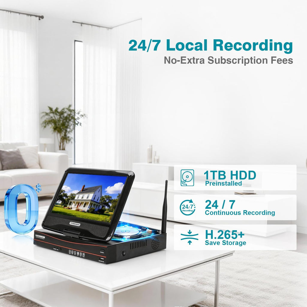 10CH Expandable Wireless Security Camera System with 10.1' Monitor 4pcs 5MP Indoor Outdoor Camera 1-Way Audio Night Vision Motion Detection Home Business CCTV Surveillance 1TB HDD