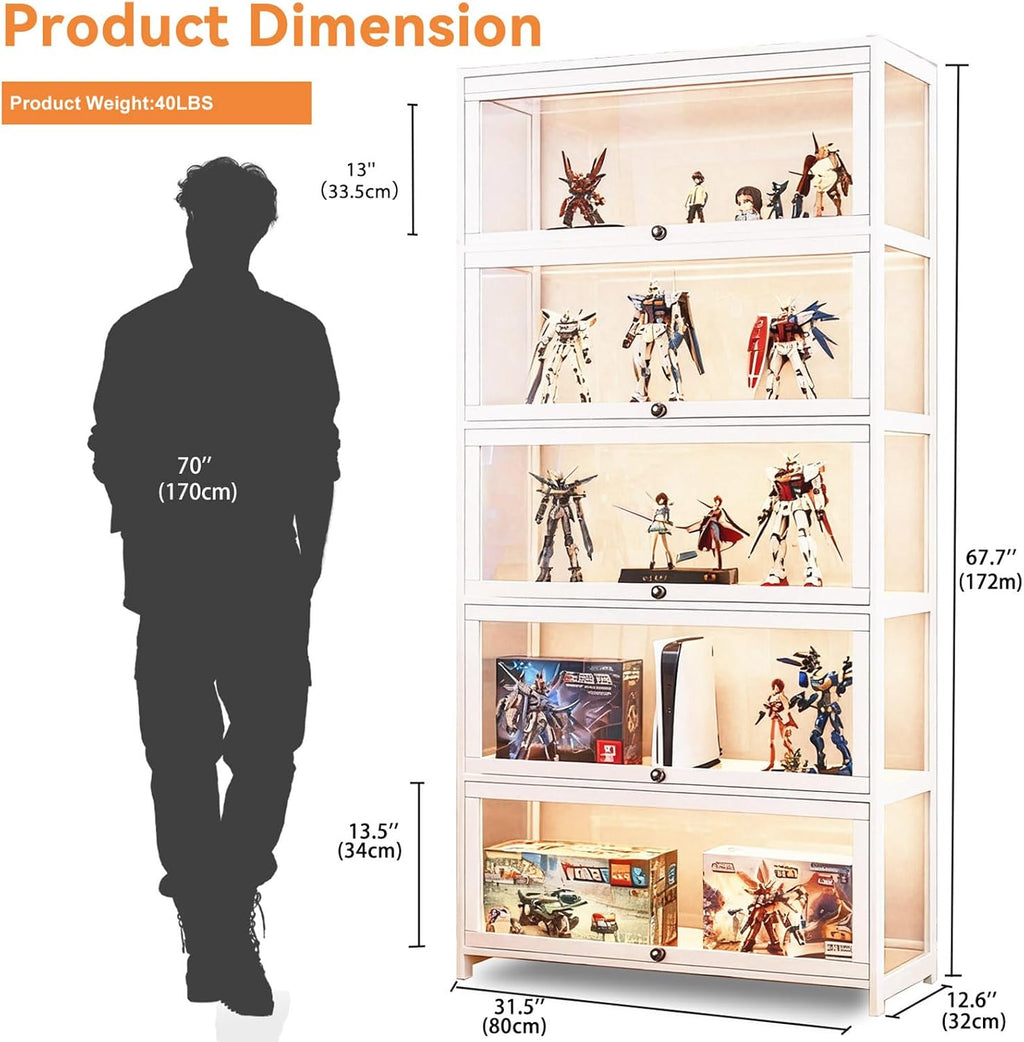 Display Cabinet with Acrylic Glass Doors 5-Tier Curio Cabinet - Collectibles Toy Organizers Rack & Display Shelf - Bookcase for Home Office Playroom Living Room Books Toys (White)