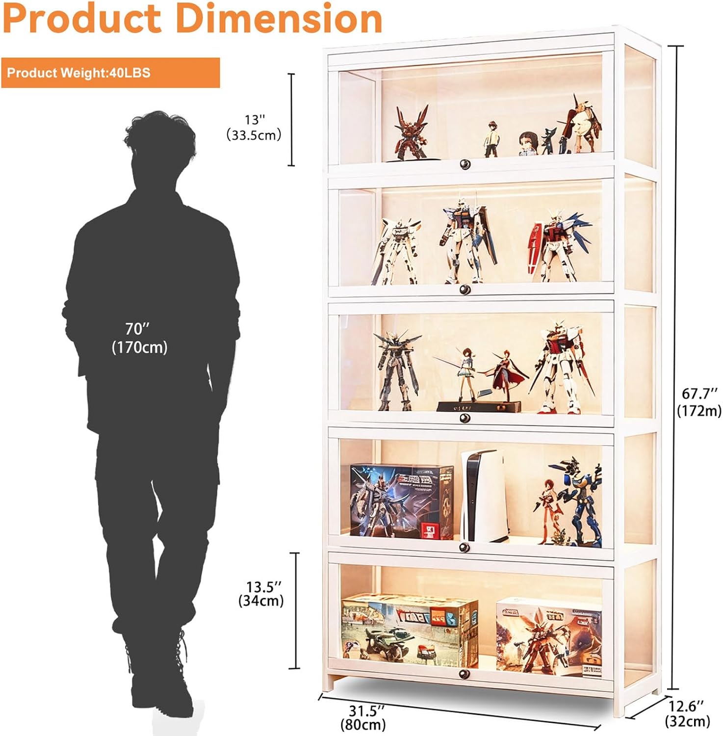 Display Cabinet with Acrylic Glass Doors 5-Tier Curio Cabinet - Collectibles Toy Organizers Rack & Display Shelf - Bookcase for Home Office Playroom Living Room Books Toys (White)