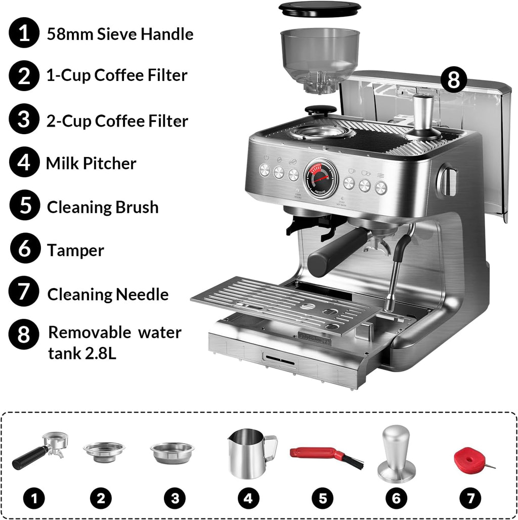Semi-Automatic Espresso Machine, Dual Boiler 20 Bar Coffee Maker With Grinder 30 Size Setting, Expresso Coffee Machines With Steam Wand for Cappuccino Latte, 95 Oz Removable Water Tank