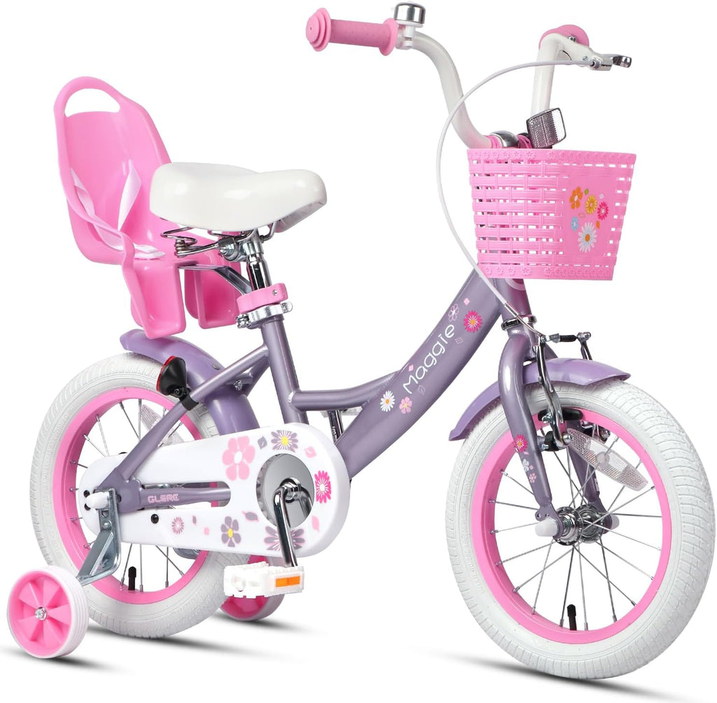 Glerc Maggie Girls Bike, 12-20 Inch Kids Bike for 2-13 Years Old Children, Princess Style Kids Bicycle with Doll-Seat & Basket & Training Wheels, Multiple Colors
