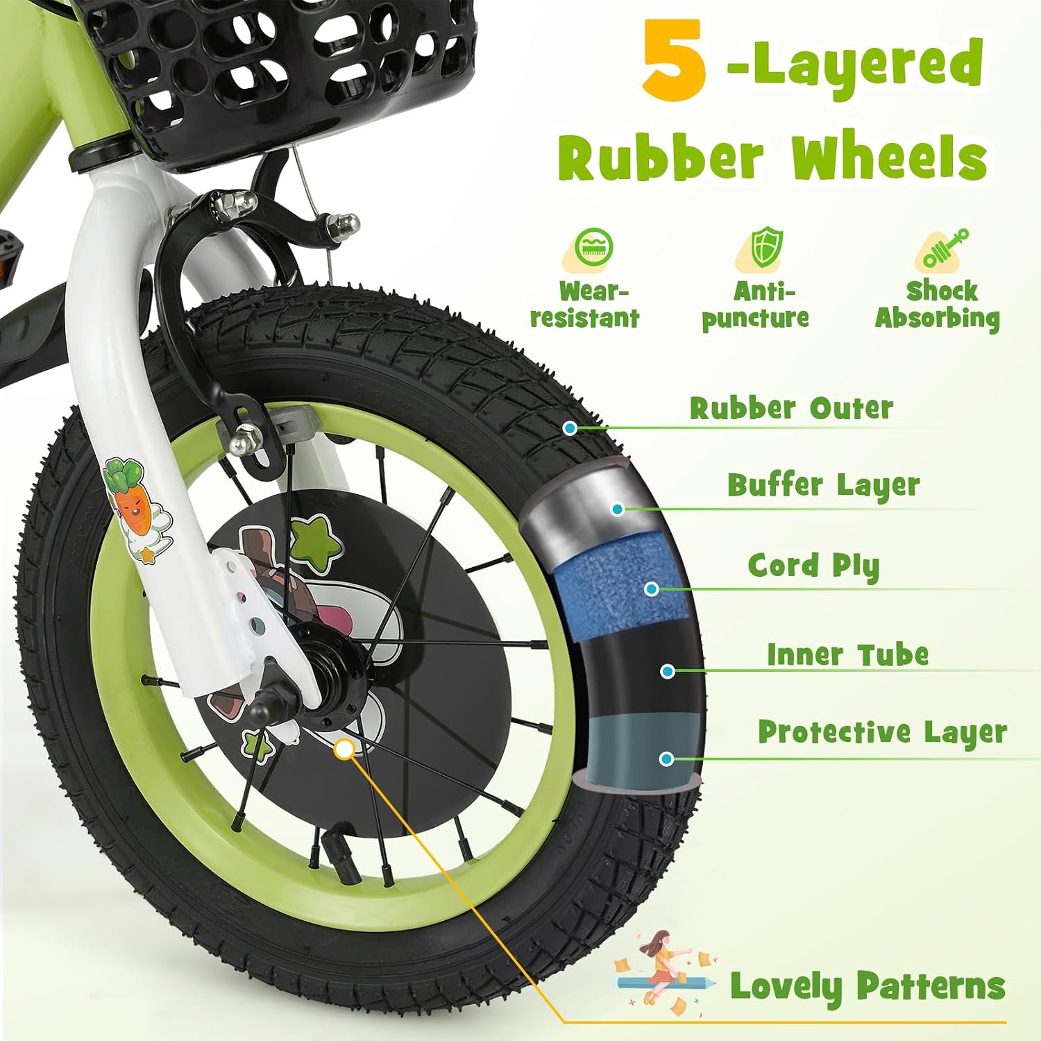 BABY JOY Rabbit Pilot Sporty Kids Bike, 12 14 16 18 Inch Child Bike for 3-8 Years Old with Adjustable Height, Training Wheels, Storage Basket, Handbrake & Coaster Brake, Kids Bicycle for Girls Boys