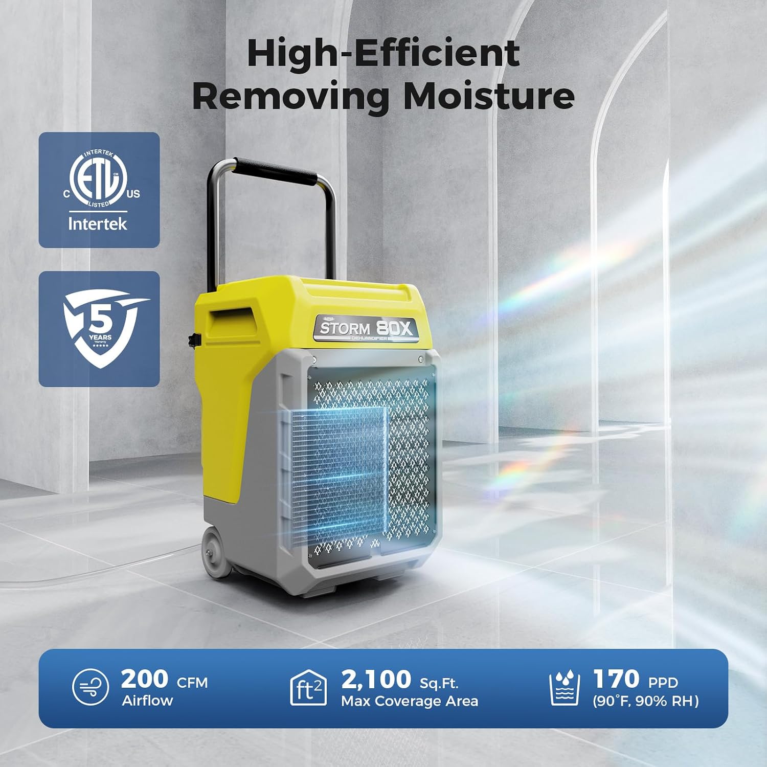 ALORAIR 170 PPD Commercial Dehumidifier with Pump & Drain Hose, LGR Industrial Use, Portable Dehumidifier with Wheels for Water Damage Restore, Carpet Drying, Storm 80X (Yellow)