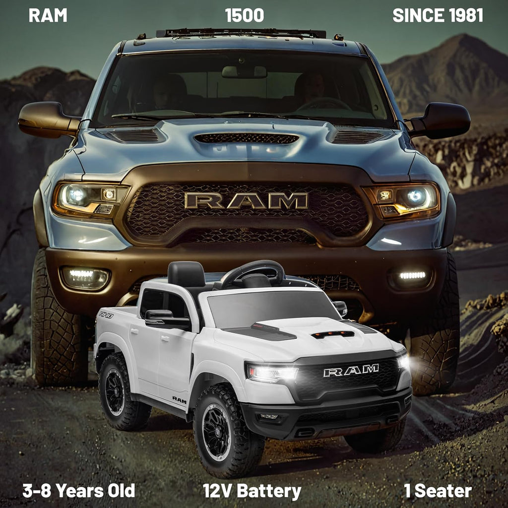 YOFE Ram 1500 Ride on Toys for Kids 4-8, Ride on Pickup Truck for Toddlers with Remote Control,12V Battery Powered Car with Trunk, Bluetooth, Music, Safety Belt (White)