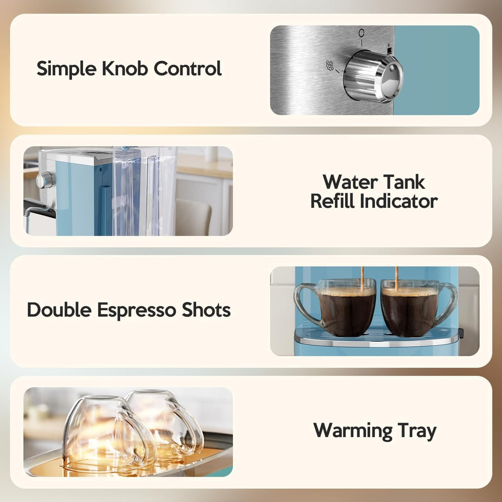 20 Bar Espresso Machine Semi-Automatic, Professional Coffee Maker with Milk Frother Steam Wand & 45OZ Removable Water Tank, Home Barista System for Cappuccino, Latte, Americano-Stainless Steel-Blue