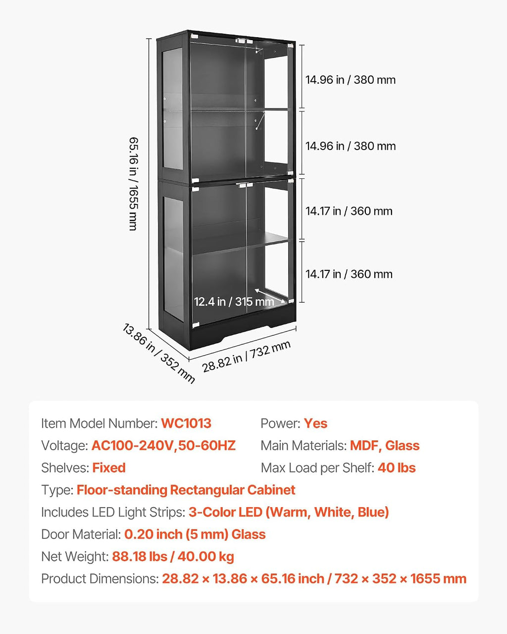 VEVOR Display Cabinet with Glass Doors, 65 in Tall Lighted Display Case with 3 Color Lights, 4-Tier Curio Collectibles Storage Cabinet, Bookshelf Bookcase for Pantry Bedroom Living Room Office
