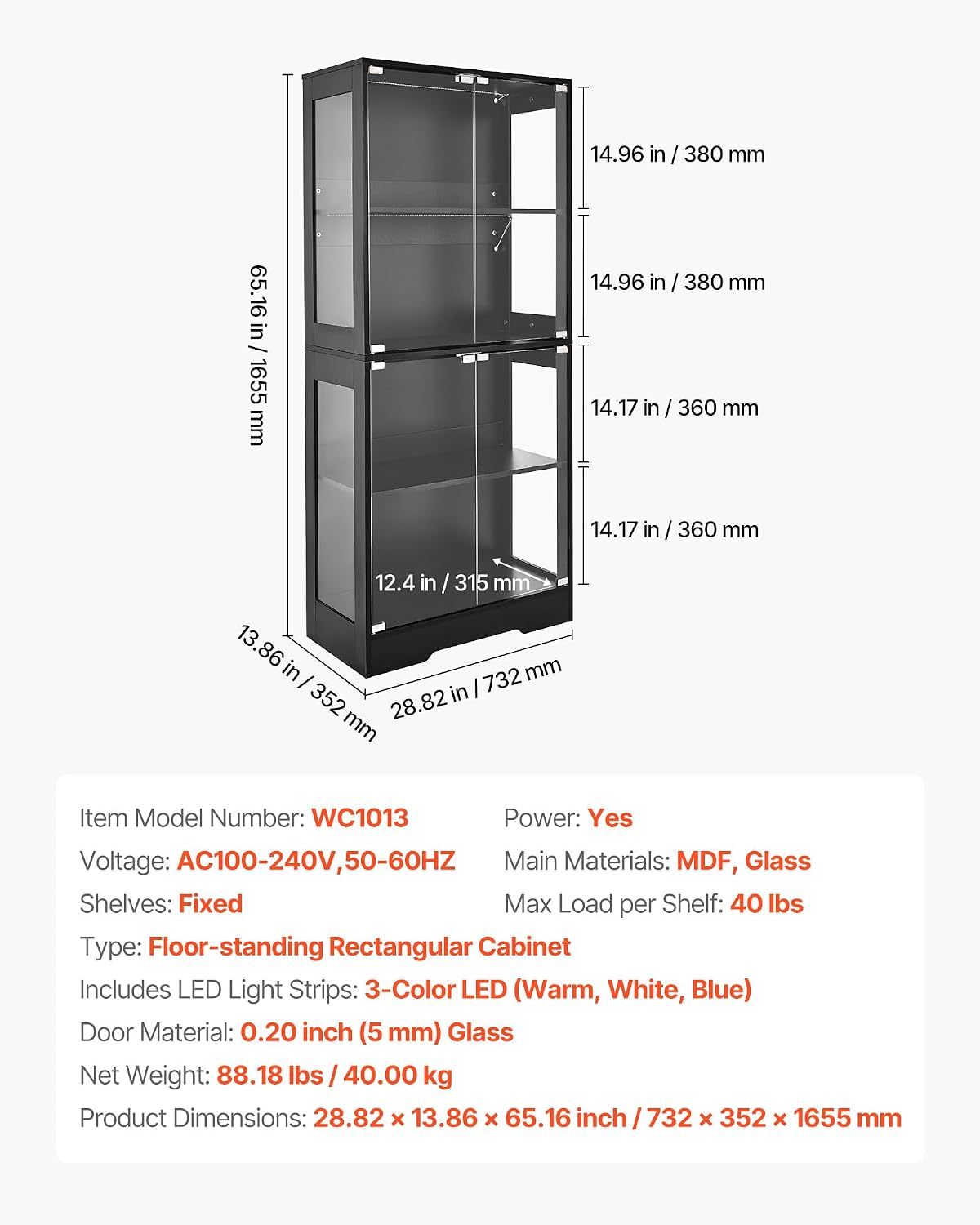 VEVOR Display Cabinet with Glass Doors, 65 in Tall Lighted Display Case with 3 Color Lights, 4-Tier Curio Collectibles Storage Cabinet, Bookshelf Bookcase for Pantry Bedroom Living Room Office