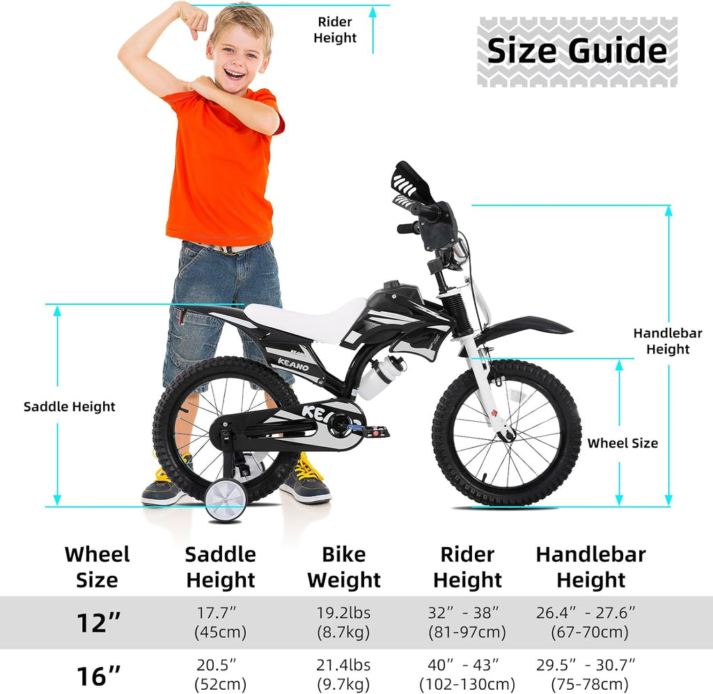 KEANO Motocross Style Kids Bike for Boys Girls Ages 3-7 Years, 12 & 16 Inch Bikes with Training Wheels and Number Plate, Children Bicycles Black