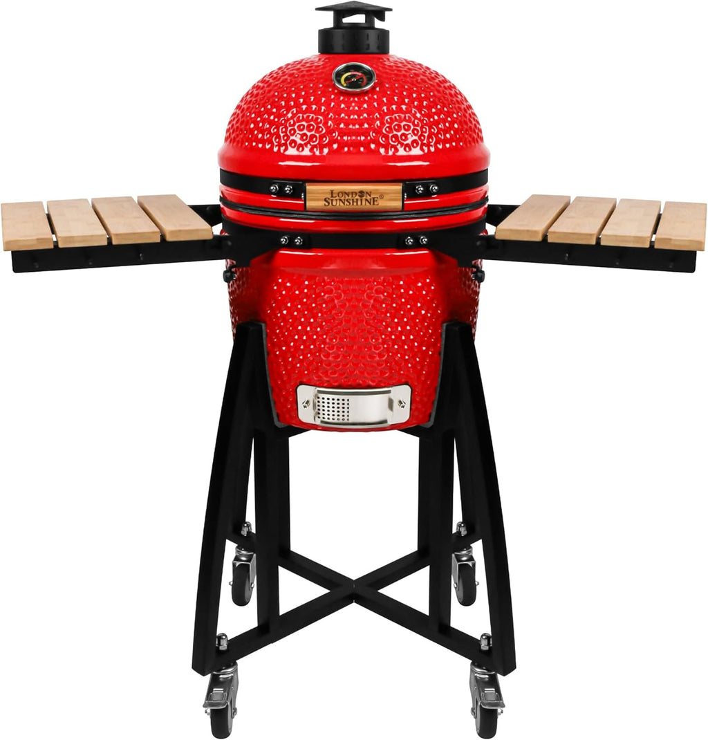 London Sunshine 15-inch Ceramic Kamado Charcoal BBQ Grill & Smoker with Locking Casters, Foldable Side Shelves, Stainless Steel Grates, and Tall Stand (Red)