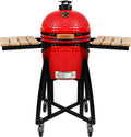 London Sunshine 15-inch Ceramic Kamado Charcoal BBQ Grill & Smoker with Locking Casters, Foldable Side Shelves, Stainless Steel Grates, and Tall Stand (Red)