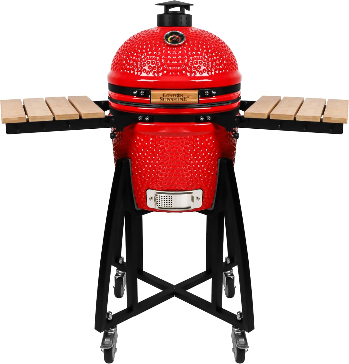 London Sunshine 15-inch Ceramic Kamado Charcoal BBQ Grill & Smoker with Locking Casters, Foldable Side Shelves, Stainless Steel Grates, and Tall Stand (Red)