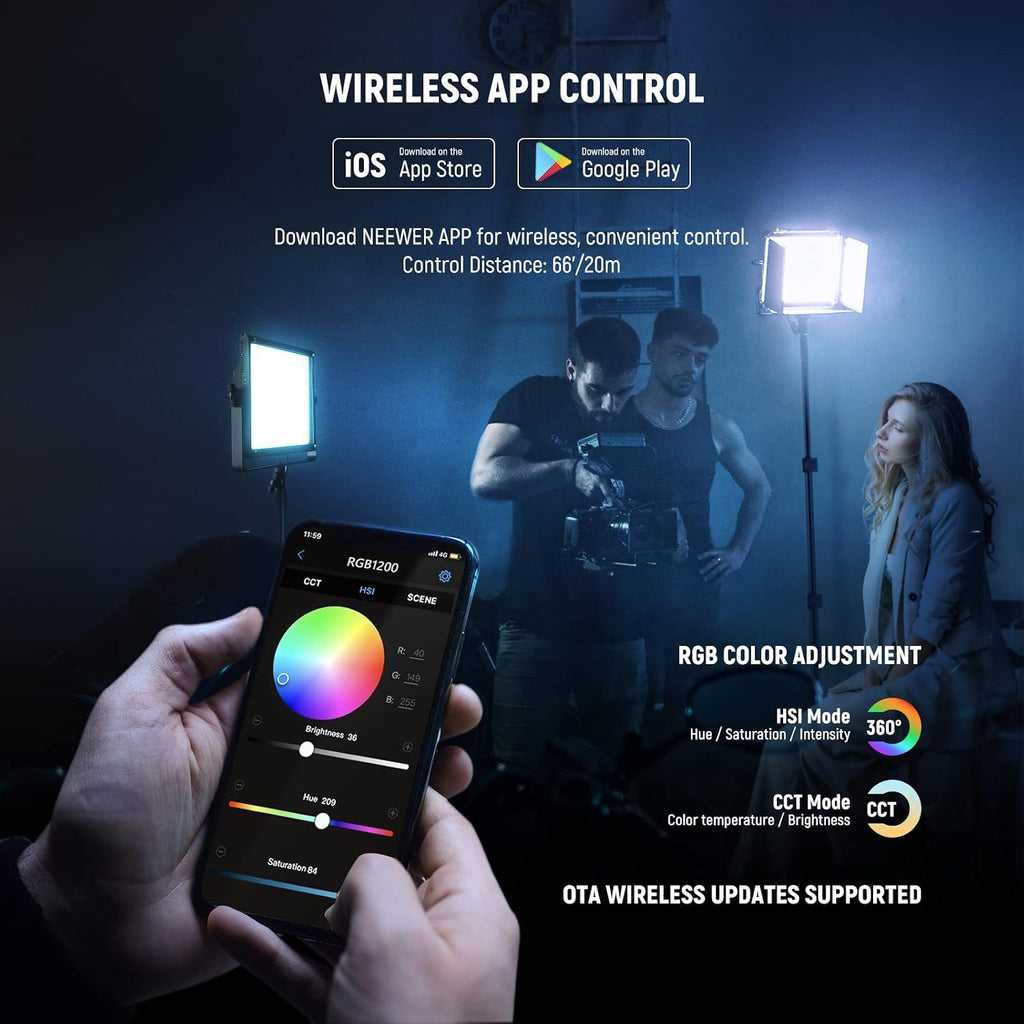 NEEWER 2 Pack RGB1200 LED Video Light with APP/2.4G Control, Key Lighting Kit with Tripod Stands & Bag for Streaming Recording Studio Photography, 60W/22000Lux/1% Min Dimming/360° RGB/CRI97+/TLCI98+