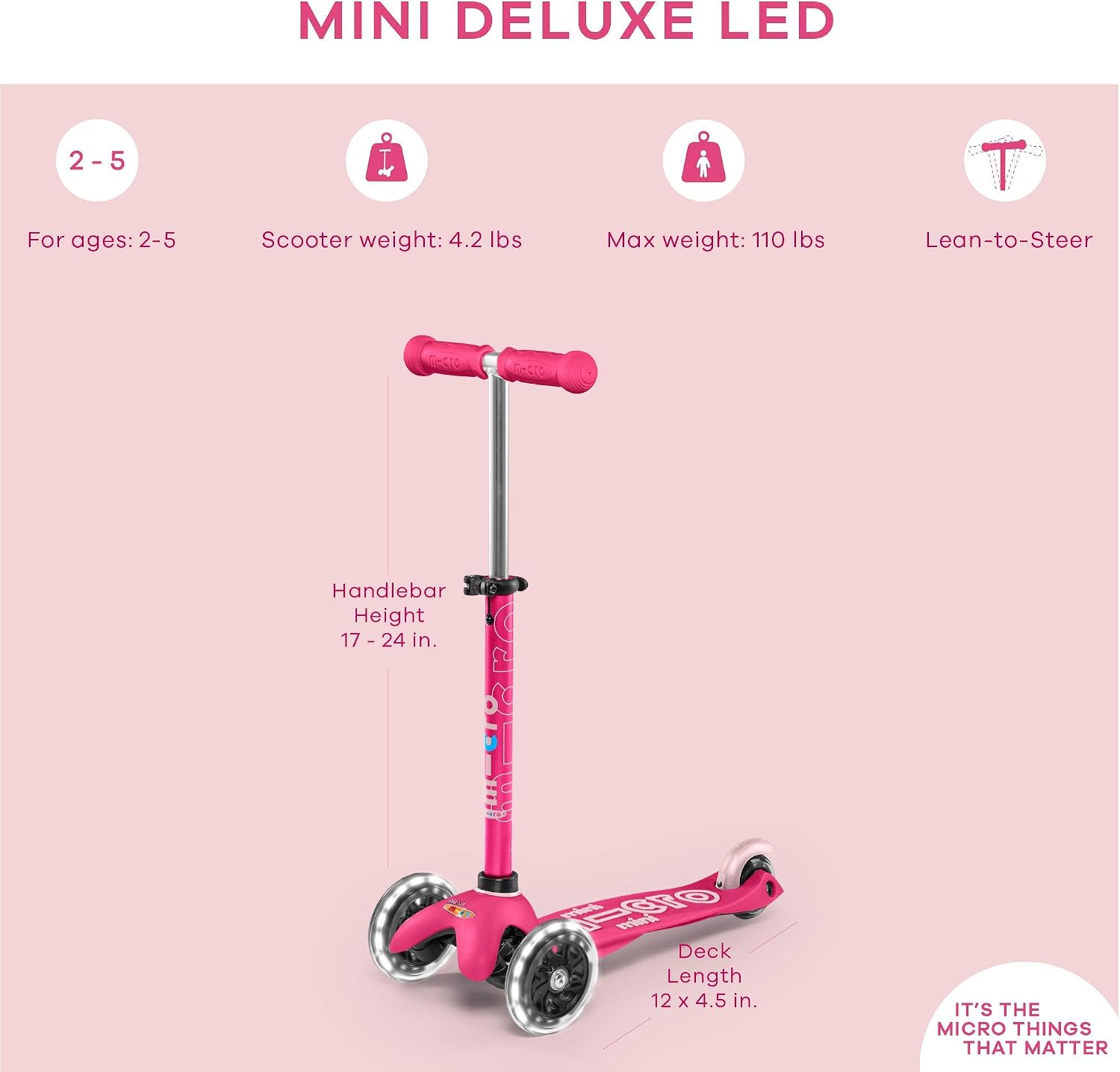 Micro Kickboard | Mini LED Kids Scooter for Ages 2-5 | Children up to 110 lbs | 3 Wheel Lean-to-Steer Design | Adjustable T Bar | Smooth Ride, Motion Activated PU LED Wheels | Swiss Design