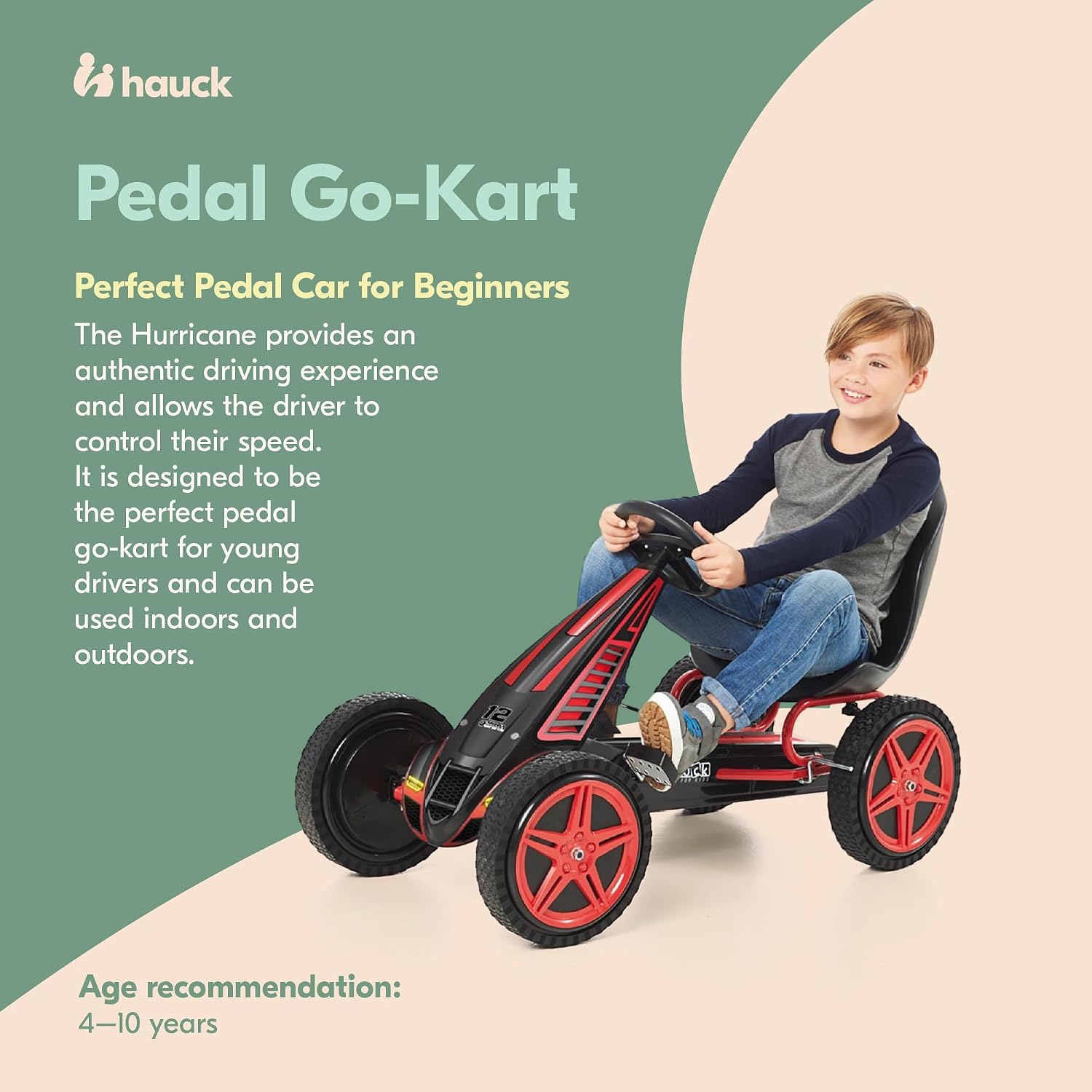 hauck Kids Pedal Go Kart, Hurricane 4 Wheel Bike Cart with Rubber Tires, Ages 4-10, Red - Outdoor Ride-On Bicycle Karts with Wheels for Boys and Girls