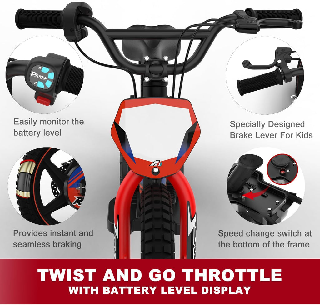 AIII Lightweight Electric Dirt Bike for Kids, 170/340W Electric Motorcycle Up to 10/12MPH, 24V Detachable Battery, Hand-Operated Dual Brakes Electric Balance Bike for Ages 3-6/5-12