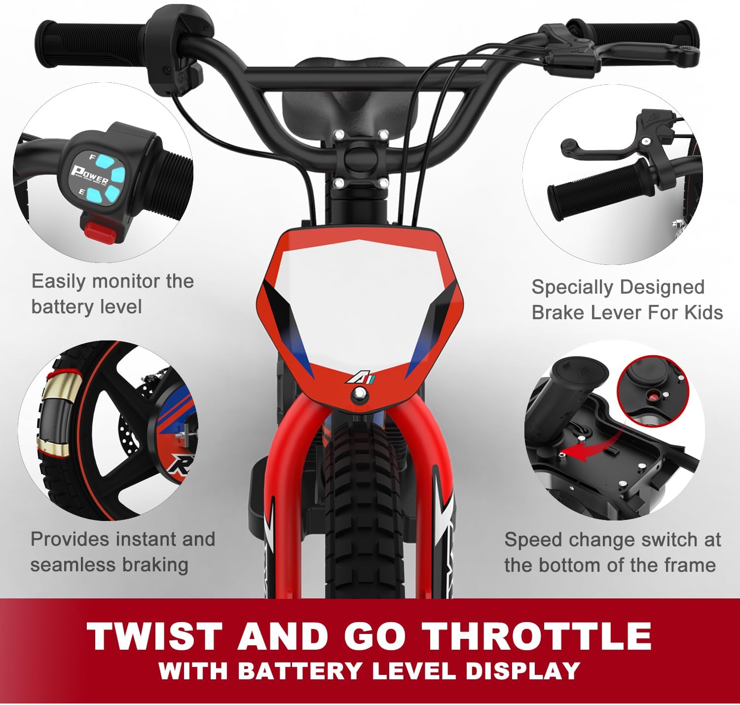 AIII Lightweight Electric Dirt Bike for Kids, 170/340W Electric Motorcycle Up to 10/12MPH, 24V Detachable Battery, Hand-Operated Dual Brakes Electric Balance Bike for Ages 3-6/5-12