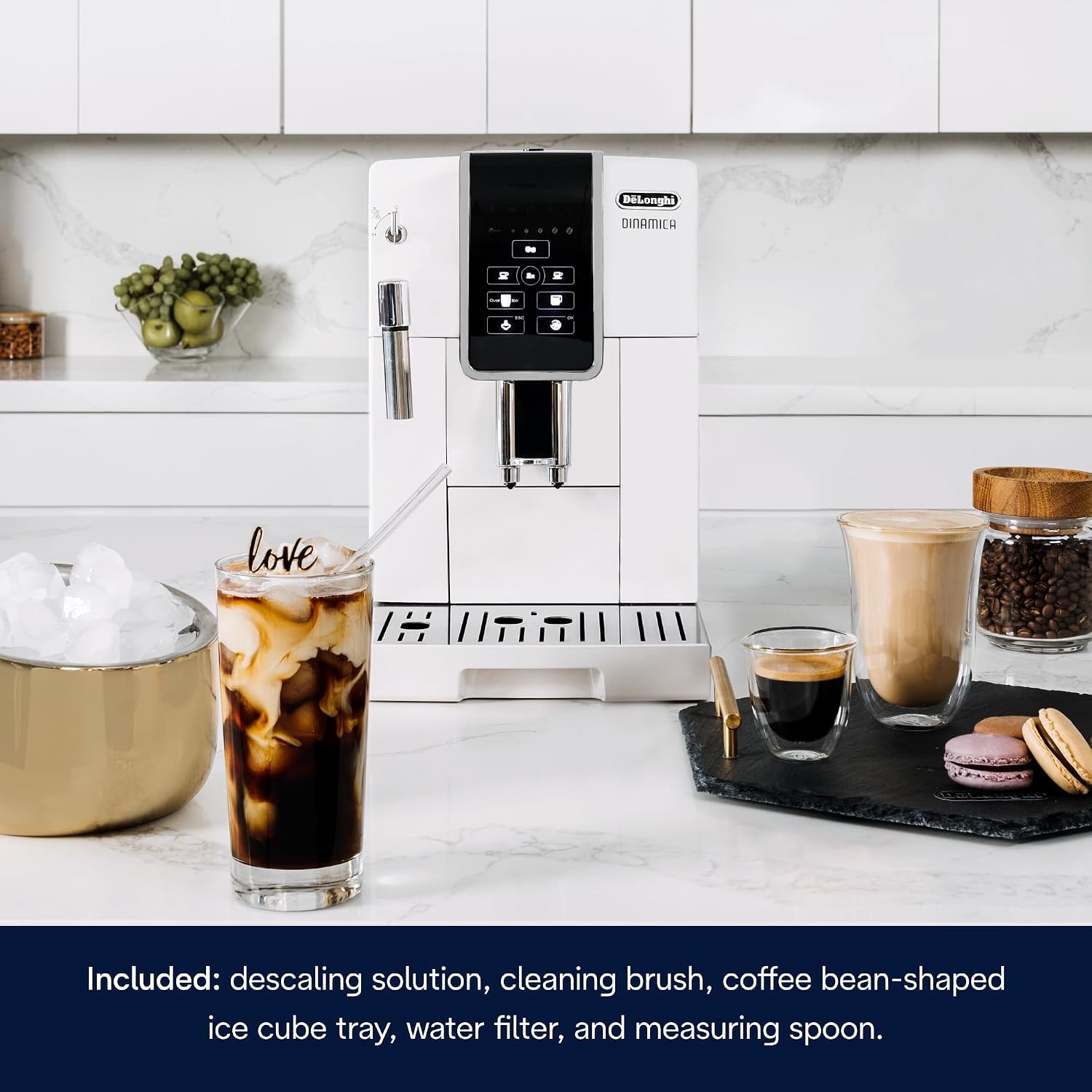 De'Longhi Dinamica Espresso Machine, White - Automatic Bean-to-Cup Brewing, Built-In Steel Burr Grinder & Manual Frother - One-Touch Hot & Iced Coffee - Easy Cleanup