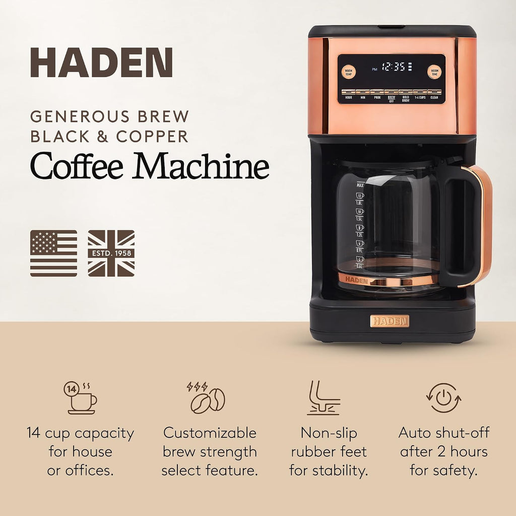 HADEN Generous Brew 14 Cup Coffee Maker with 120 Minute Keep Warm, Delay Brew, Adjustable Strength, Programmable Clock, and Anti Drip, Black/Copper