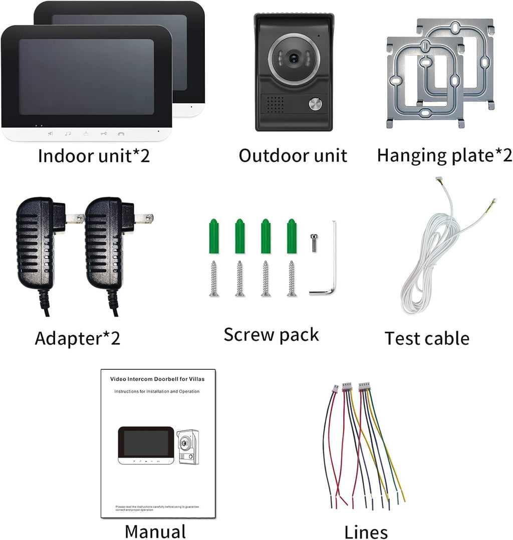 Video Intercom System, 7 Inch doorbell with Camera and Monitor, Video doorbell with IR-Cut Rainproof Outdoor Camera Visual Two-Way Intercom Audio Remote Unlock(1 Camera & 2 Monitors)
