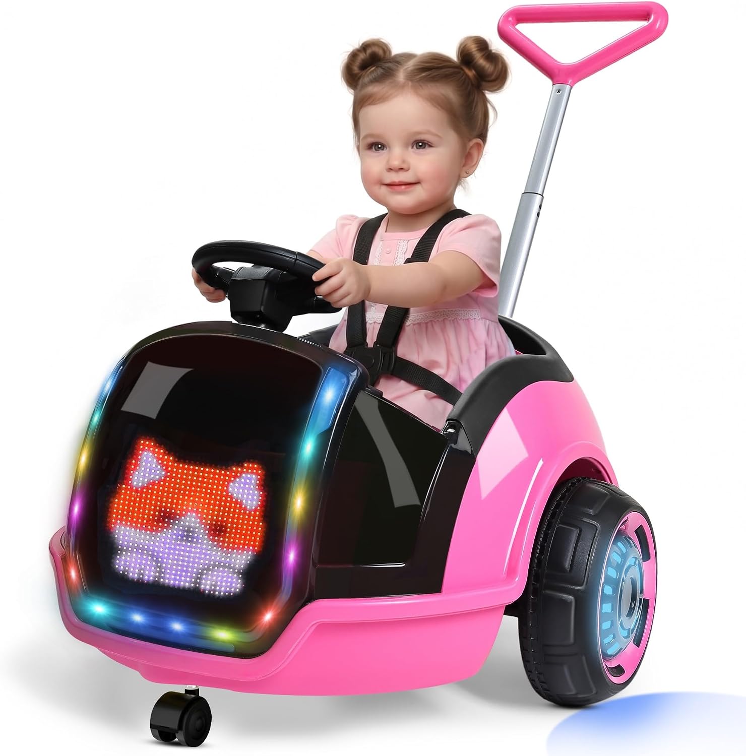 ANPABO 3-in-1 Electric Push Ride On Car, 12V Kids Ride On Toy w/Remote Control, 360° Spin, LED Display, 5-Point Safety Belt, Colorful LED Light, Music Player, Push Car for Toddler Ages 1-3 (Pink)