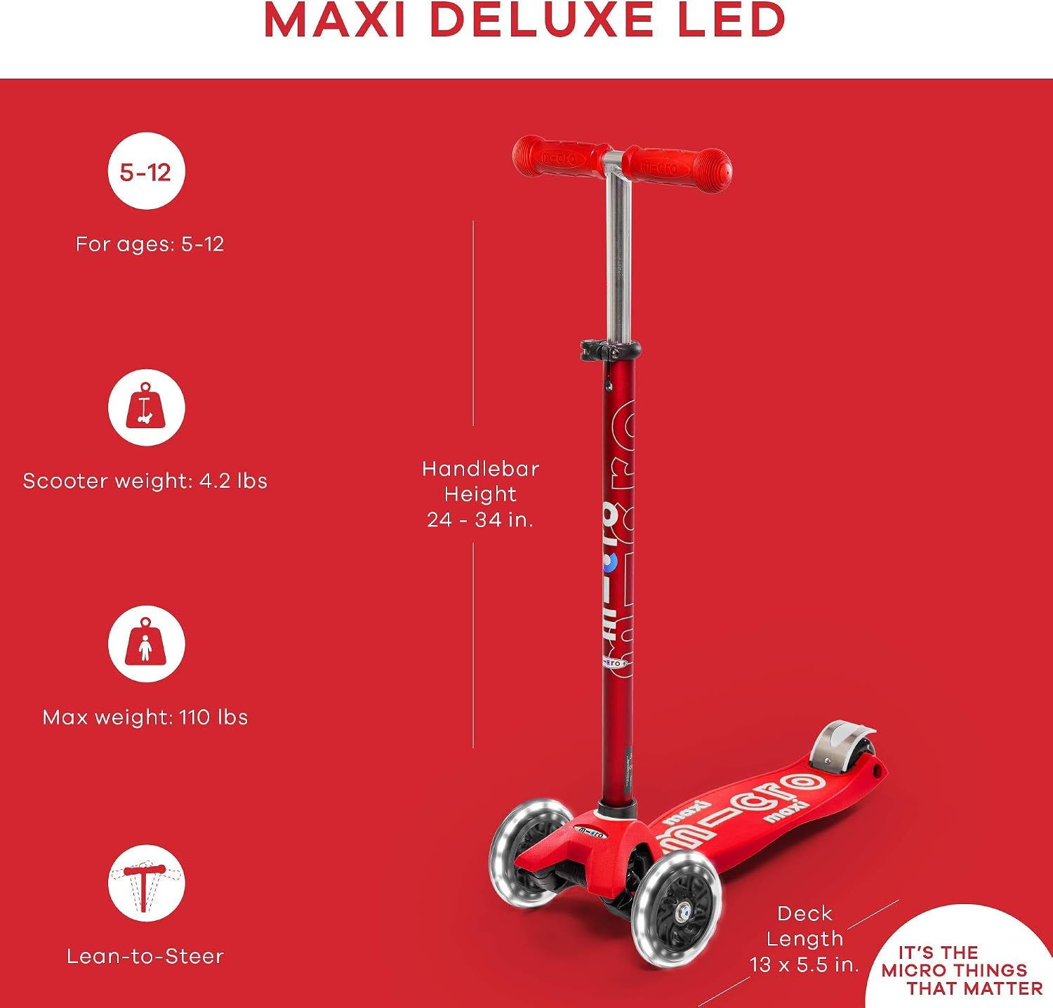 Micro Kickboard | Maxi LED Kids Scooter for Ages 5-12 | Children up to 110 lbs | 3 Wheel Lean-to-Steer Design | Adjustable T Bar | Smooth Ride, Motion Activated PU LED Wheels | Swiss Design