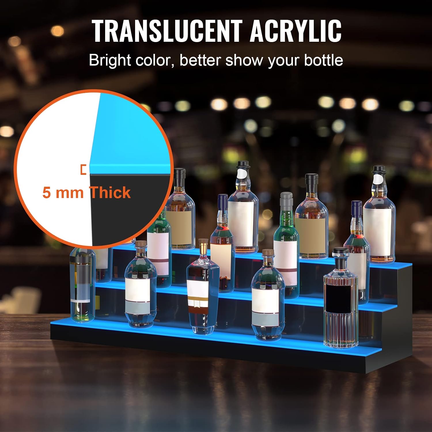 VEVOR LED Lighted Liquor Bottle Display, 3 Tiers 40 Inches, Supports USB, Illuminated Home Bar Shelf with RF Remote & App Control 7 Static Colors 1-4 H Timing, Acrylic Lighted Shelf for 30 Bottles