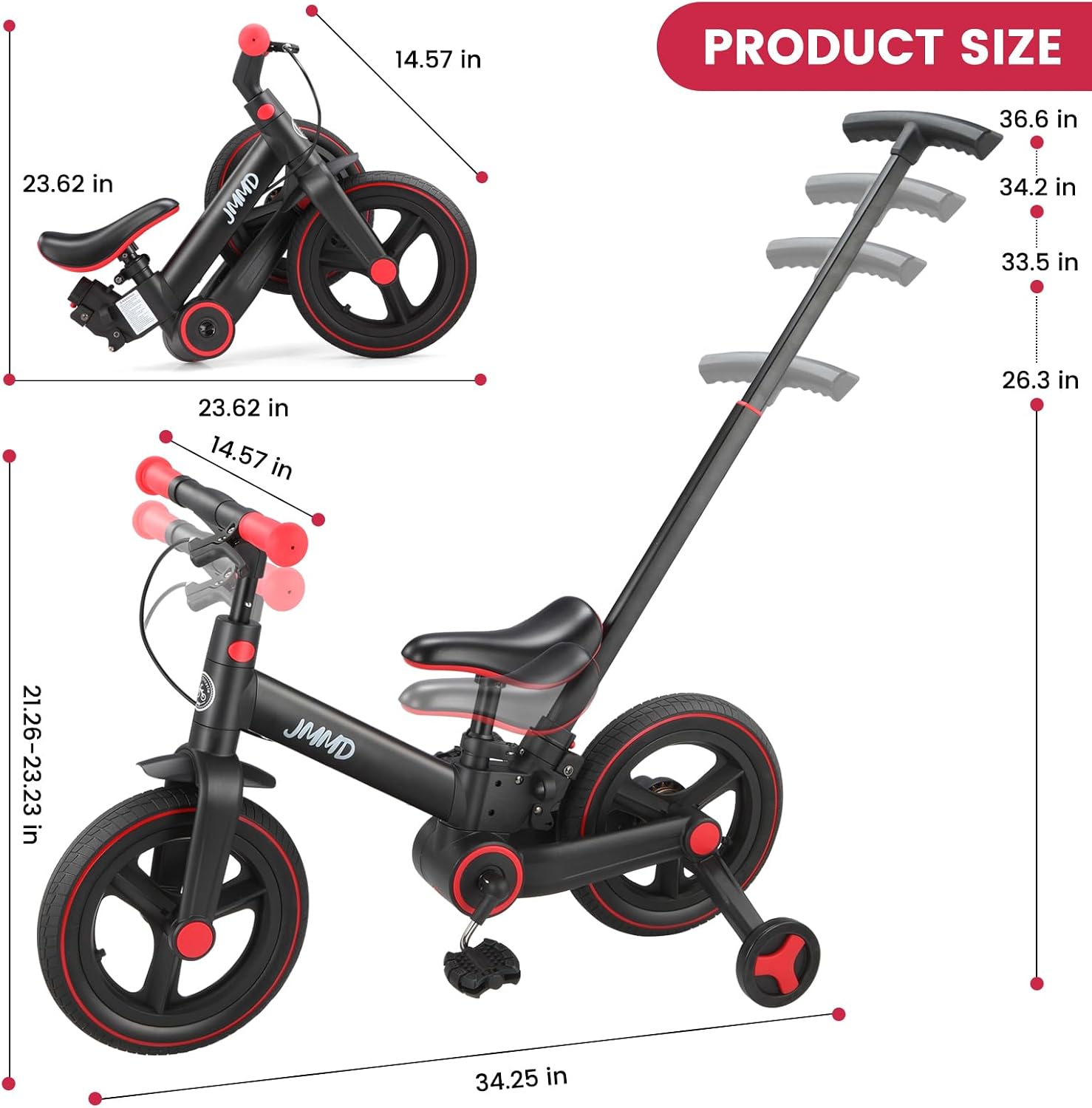JMMD 6 in 1 Toddler Bike with Push Handle for Kids 18-60 Months, 12' Foldable Balance Bike with Training Wheels, Pedals, Brakes, Kickstand, Push Tricycle Toddler Gift & Toys for Boy & Girl
