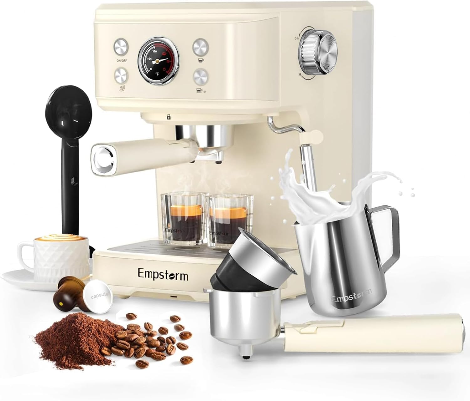 Empstorm Espresso Machine 20 Bar, 2 in 1 Espresso Maker with Milk Frother Steam Wand for Latte and Cappuccino, Powder and Capsule Portafilter, 50oz Removable Water Tank Coffee Machine for Home-White