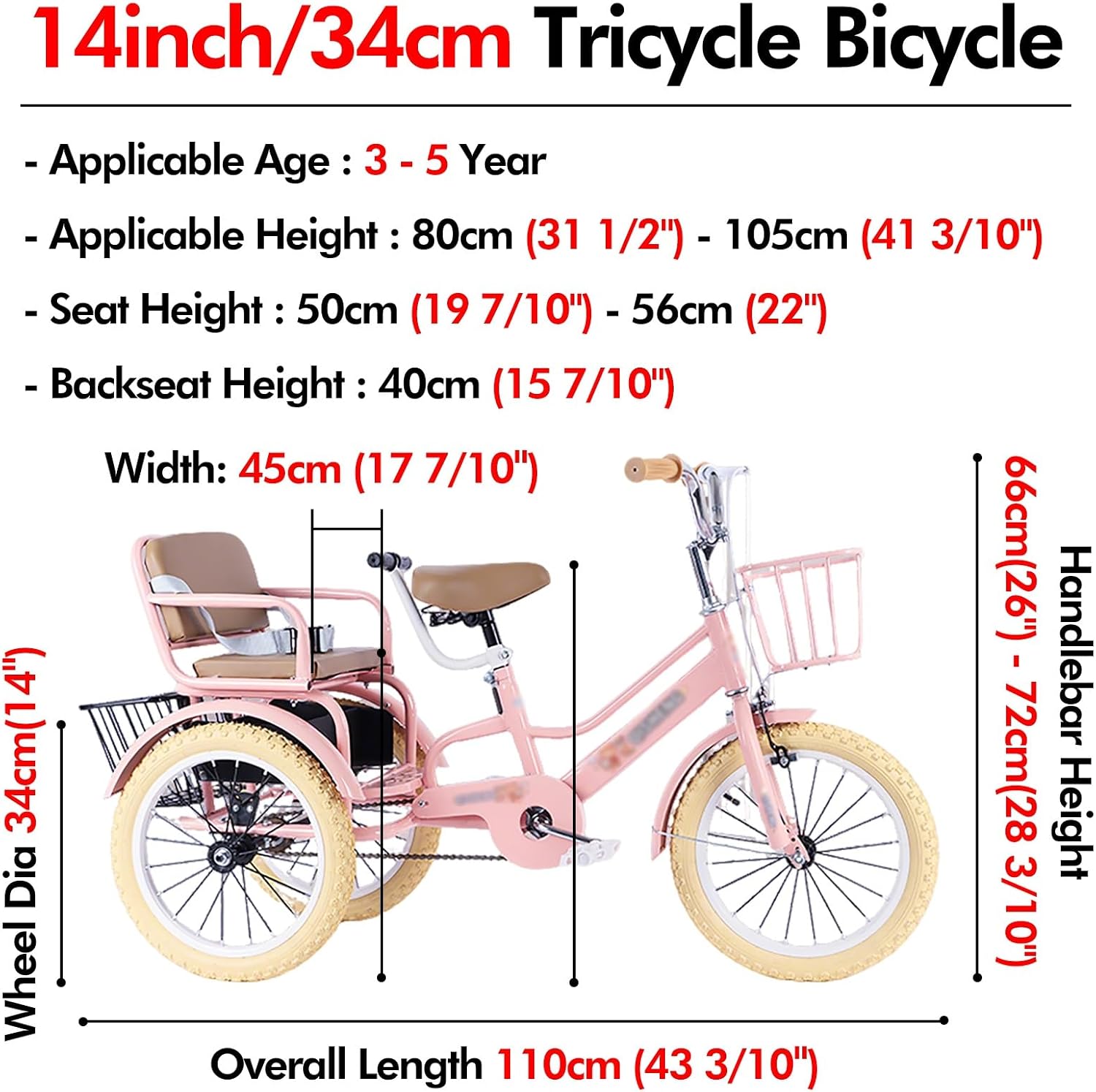 SRNSAEB Pink Gray Green Yellow 3-Wheel Bikes Carrying Passengers, Three Wheel Cruiser Bike Two-Seater Children Tricycle, Double Twins Toy Bicycle with Adjustable Height Seats & Handle(Pink,14in)
