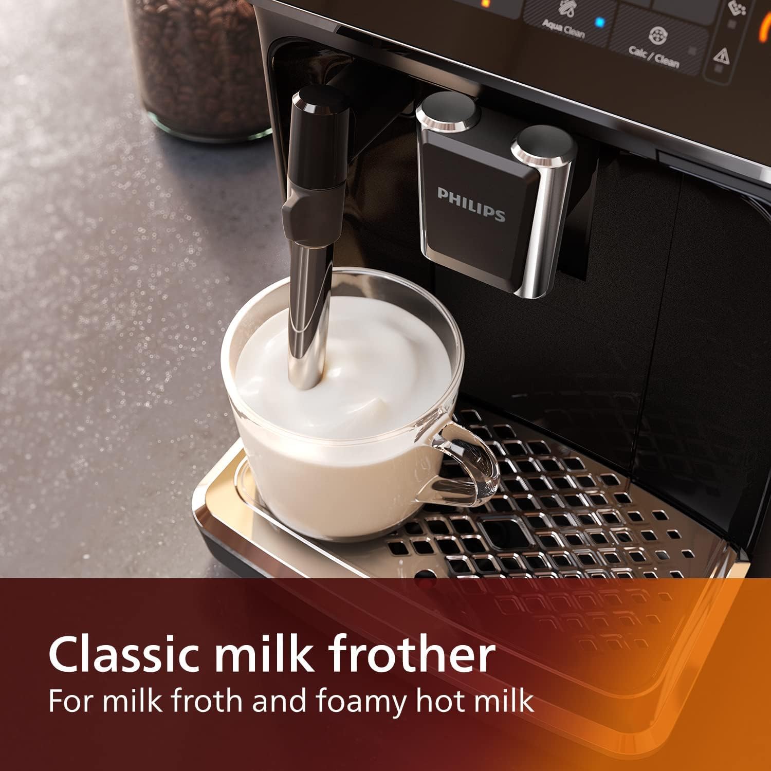 Philips 3200 Series Fully Automatic Espresso Machine, Classic Milk Frother, 4 Coffee Varieties, Intuitive Touch Display, 100% Ceramic Grinder, AquaClean Filter, Aroma Seal, Black (EP3221/44)