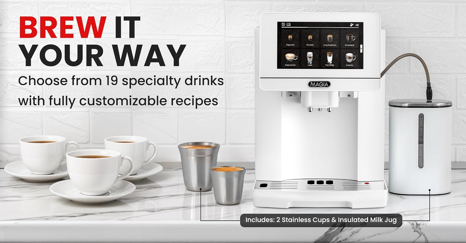 Zulay Magia Super Automatic Espresso Maker Machine with Grinder - 19 Fully Customizable Coffee Options, Auto Cleaning, Milk Foam System - for Latte, Cappuccino - Ultra LUX - White (13.7x17.7x9.4)